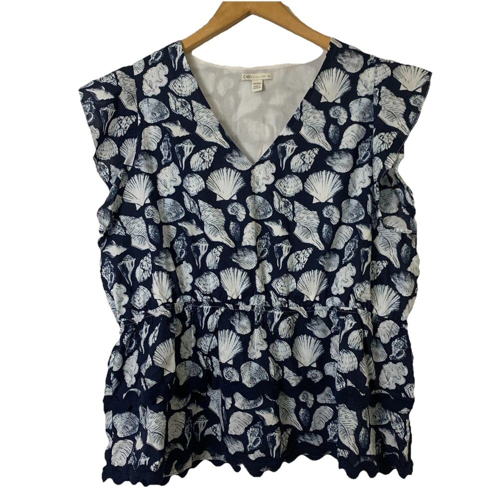 Cato Seashell Print Peplum Top 18/20W Scalloped Crochet Trim Blue Coastal Beach
